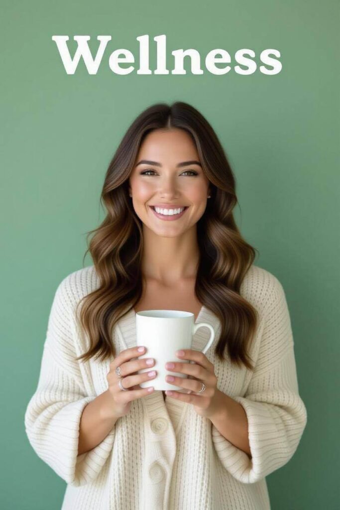 Smiling woman holding a cup of tea in cozy sweater with text overlay “Wellness – Healthy Body – Strong Sleep”. Calm wellness aesthetic, evening ritual, healthy lifestyle inspiration.