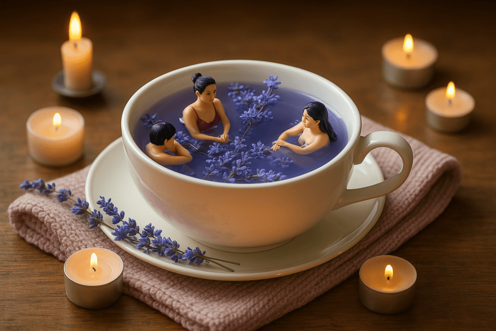 Relaxing evening ritual with lavender tea, candles, and calming atmosphere to support metabolism and sleep